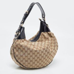 Authentic Gucci Beige/Black GG Canvas Medium Full Moon Hobo